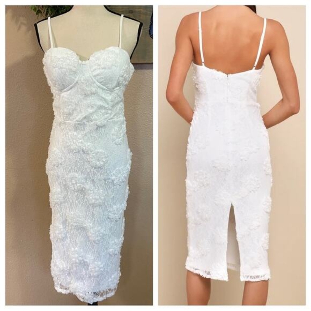 NWOT Lulus Sultry Romantic White Lace Textured Bustier Bodycon Midi Dress Large
